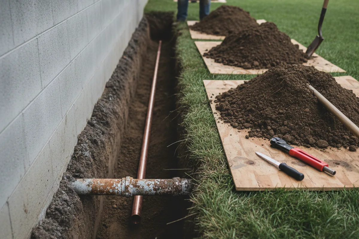 Excavated water line trench during Sewer Line Repair in Riverdale